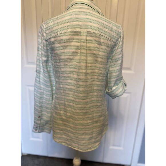 Vineyard Vines Shirt Womens 6 White Seafoam Green Stripes Linen Button Up Tunic - Picture 8 of 9